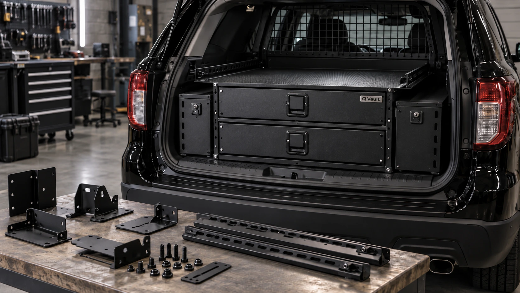 Q Vault SUV storage, brackets and mounting rails concept