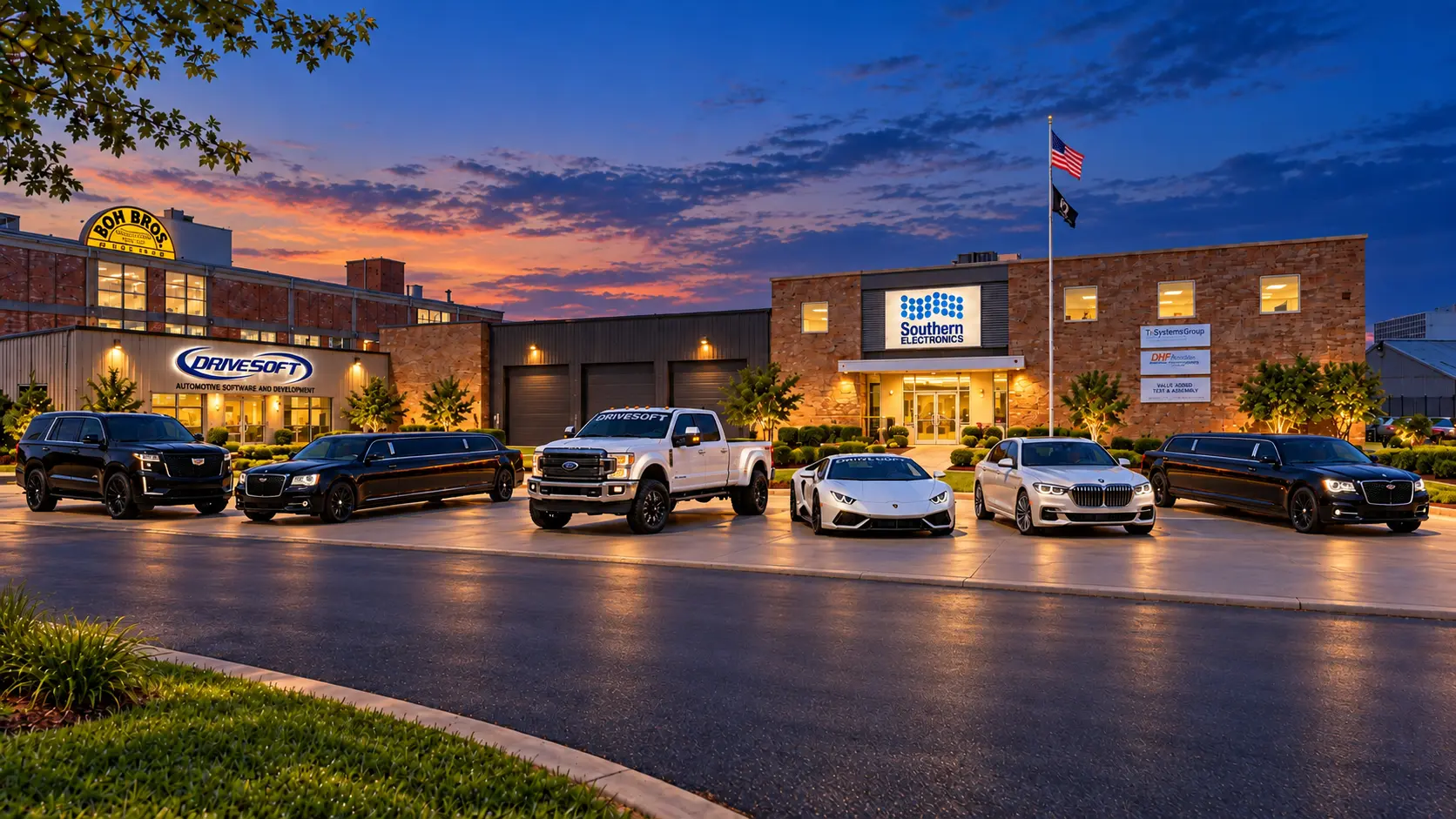 AI-assisted dusk visualization of the Southern Electronics building, historic Drivesoft assembly building and selected vehicles in New Orleans